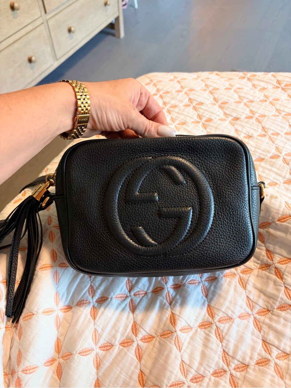 Gucci Black Pebbled Leather Disco Crossbody with Tassel